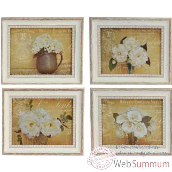Set 4 tableaux fleurs blanches-fond ocre 22.5x27.5 Antic Line -DEC9433
