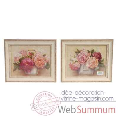Set 2 tableaux fleurs roses-pivoines dans pot Antic Line -DEC8070