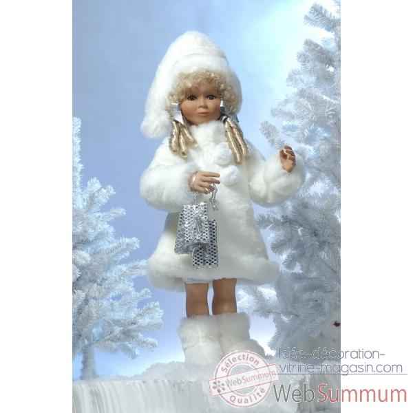 Automate - fillette en costume de noel blanc avec cadeaux Automate Decoration Noel 670