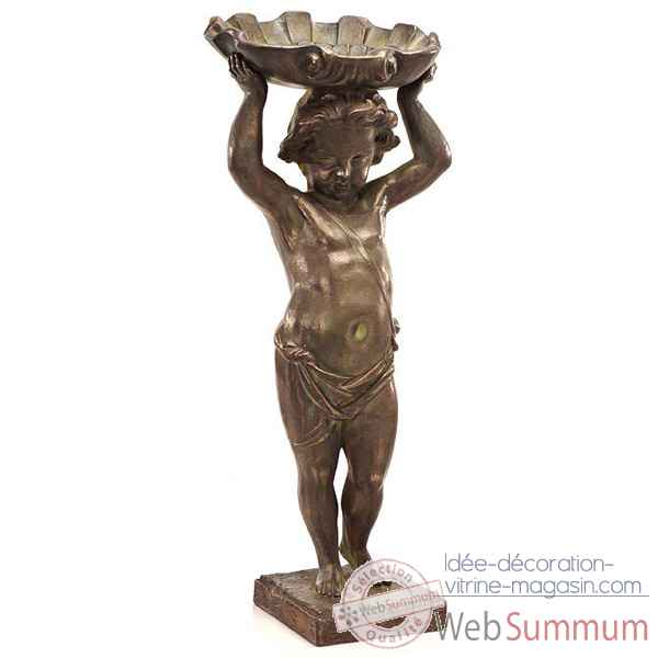 Fontaine-Modèle Cherub w. Shell Fountainhead, surface bronze avec vert-de-gris-bs3143vb