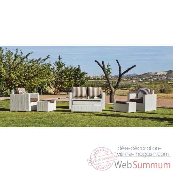 Ensemble salon de jardin tuscan 9 coussin raye marron : 1 canape 2pl + 2 fauteuils + 1 table basse + 2 poufs Exklusive hevea -10132-8430514