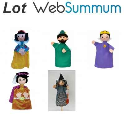 Lot marionnettes a main Blanche neige, la reine, le chasseur, le prince et la sorciere -LWS-460