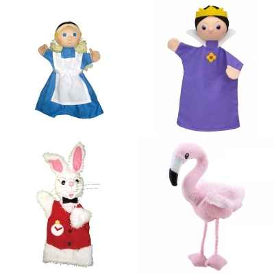 Lot 4 marionnettes a main tissus Alice au pays des merveilles, la reine, le lapin presse, le flamand rose  -LWS-399